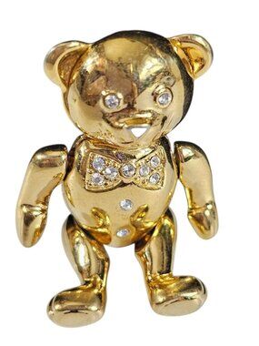 Gold Tone Moveable Teddy Bear Brooch Pin Rhinestone Bow Articulated Vintage
